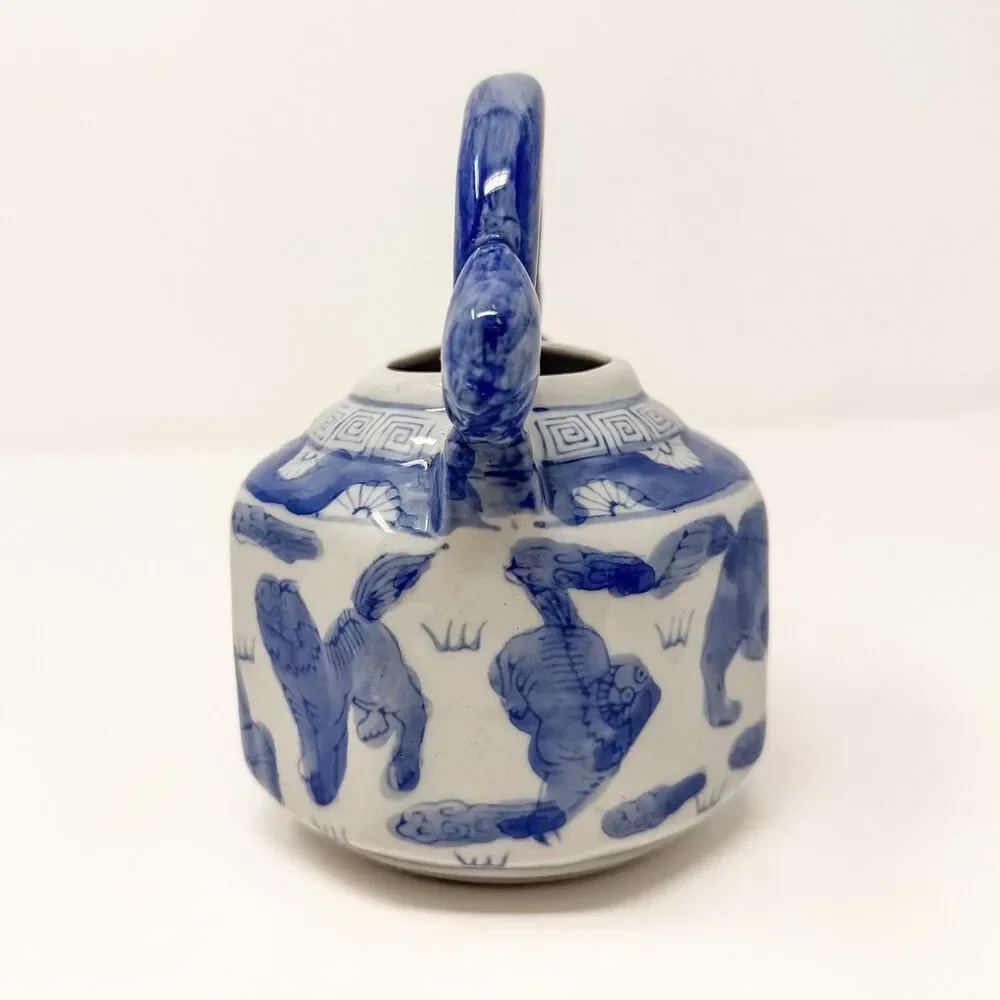 Blue White Foo Dog Porcelain Teapot Vase Chinese Guardian Lion Decor Planter